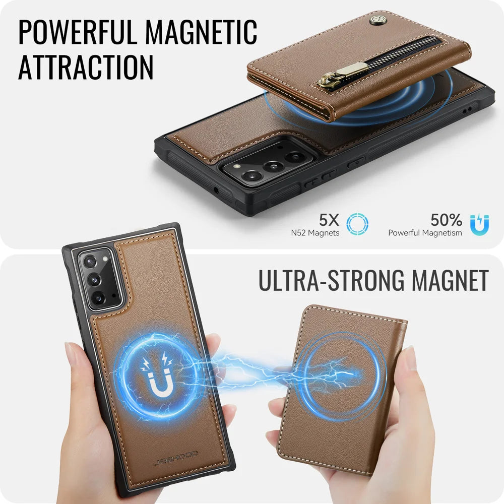 JEEHOOD For Samsung Galaxy Note20 Case  J12 Magnetic Detachable Zipper Wallet Kickstand Leather Back Cover Magnetic Case - Brown - 3