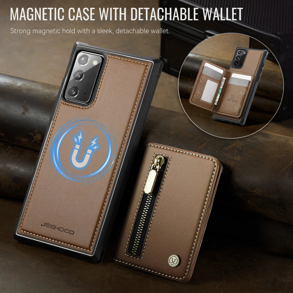 JEEHOOD For Samsung Galaxy Note20 Case  J12 Magnetic Detachable Zipper Wallet Kickstand Leather Back Cover Magnetic Case - Brown - 4