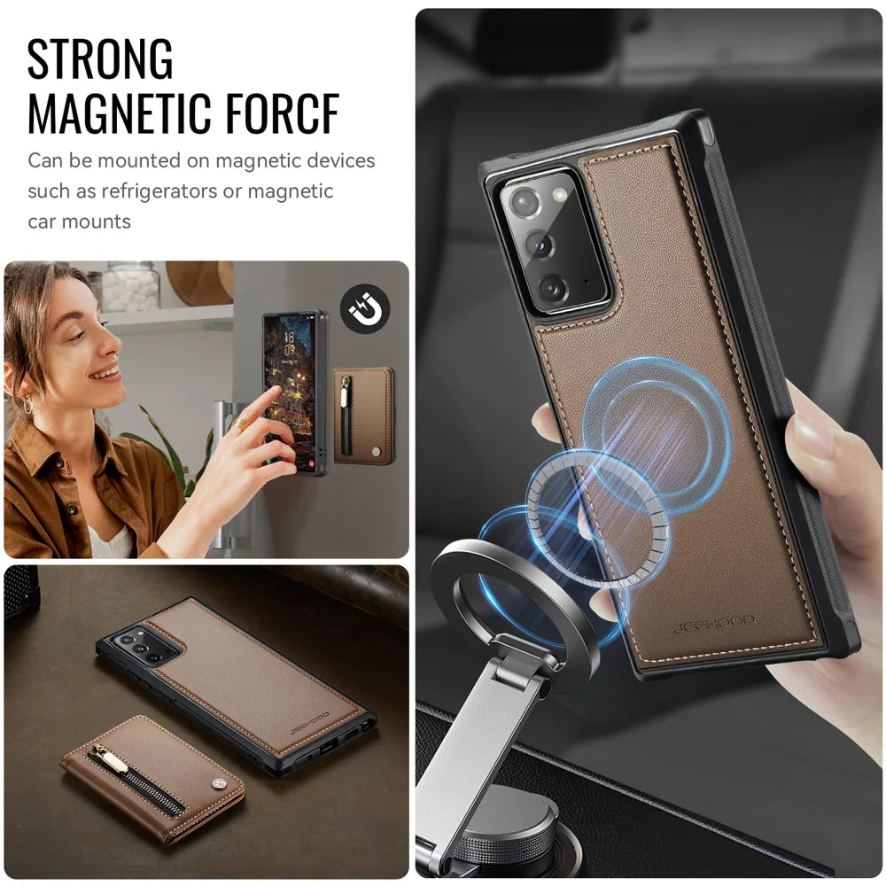 JEEHOOD For Samsung Galaxy Note20 Case  J12 Magnetic Detachable Zipper Wallet Kickstand Leather Back Cover Magnetic Case - Brown - 6