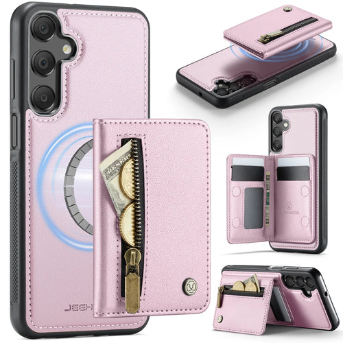 JEEHOOD For Samsung Galaxy A18 5G / A18 4G / A17 4G Case  J12 Magnetic Detachable Zipper Wallet Kickstand Leather Back Cover Magnetic Case - Pink - 1