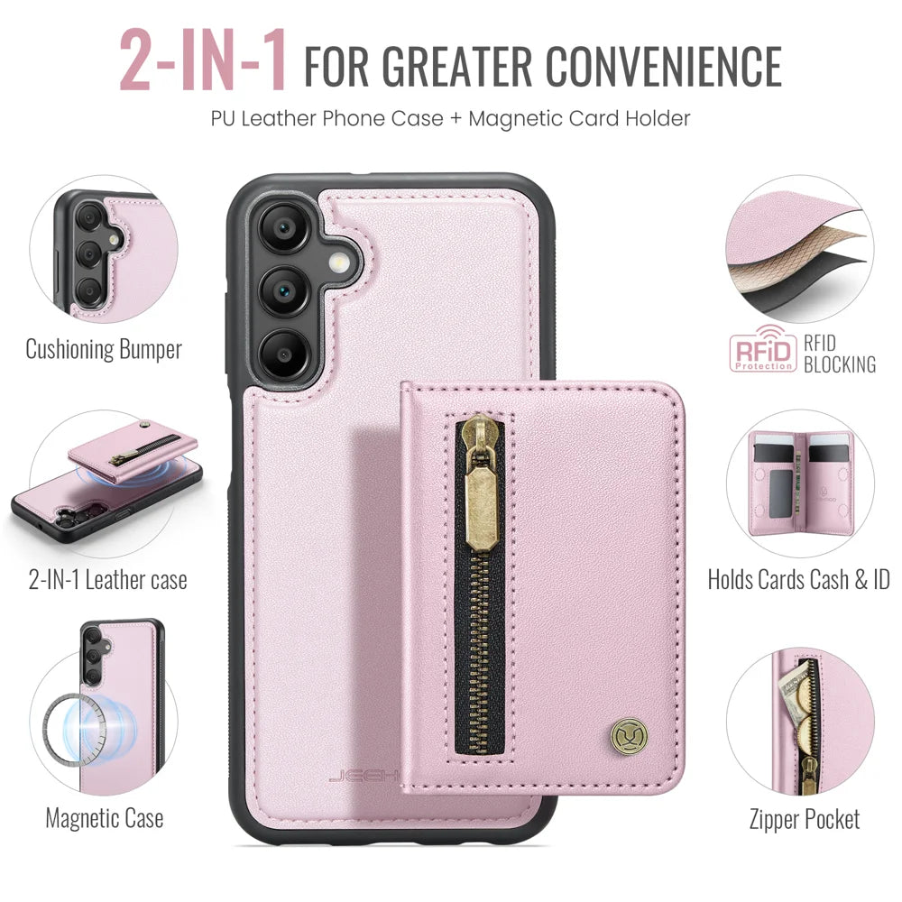 JEEHOOD For Samsung Galaxy A18 5G / A18 4G / A17 4G Case  J12 Magnetic Detachable Zipper Wallet Kickstand Leather Back Cover Magnetic Case - Pink - 2