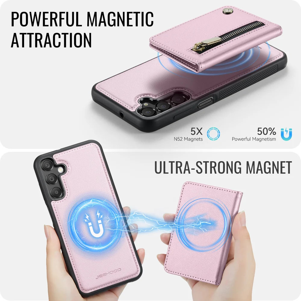 JEEHOOD For Samsung Galaxy A18 5G / A18 4G / A17 4G Case  J12 Magnetic Detachable Zipper Wallet Kickstand Leather Back Cover Magnetic Case - Pink - 3