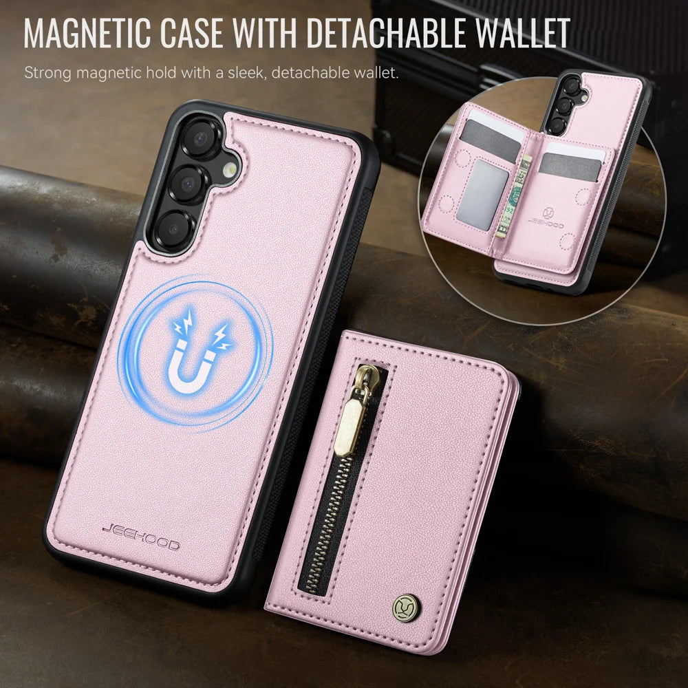 JEEHOOD For Samsung Galaxy A18 5G / A18 4G / A17 4G Case  J12 Magnetic Detachable Zipper Wallet Kickstand Leather Back Cover Magnetic Case - Pink - 4