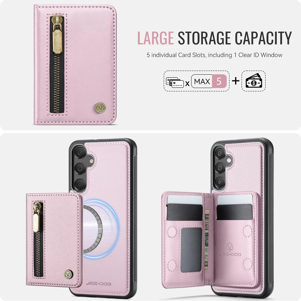 JEEHOOD For Samsung Galaxy A18 5G / A18 4G / A17 4G Case  J12 Magnetic Detachable Zipper Wallet Kickstand Leather Back Cover Magnetic Case - Pink - 5