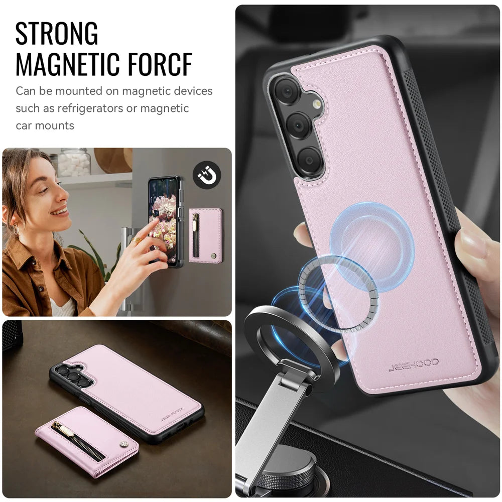 JEEHOOD For Samsung Galaxy A18 5G / A18 4G / A17 4G Case  J12 Magnetic Detachable Zipper Wallet Kickstand Leather Back Cover Magnetic Case - Pink - 6