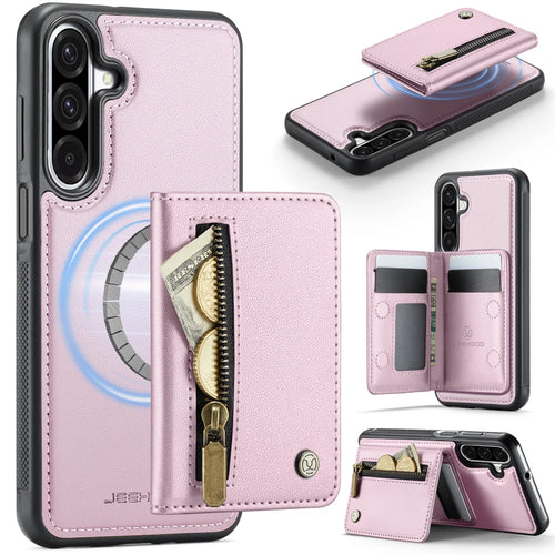 JEEHOOD For Samsung Galaxy A26 5G Case  J12 Magnetic Detachable Zipper Wallet Kickstand Leather Back Cover Magnetic Case - Pink - 1