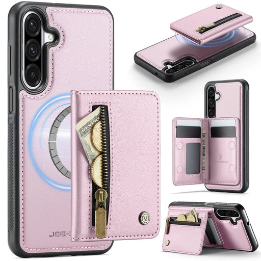 JEEHOOD For Samsung Galaxy A26 5G Case  J12 Magnetic Detachable Zipper Wallet Kickstand Leather Back Cover Magnetic Case - Pink - 1
