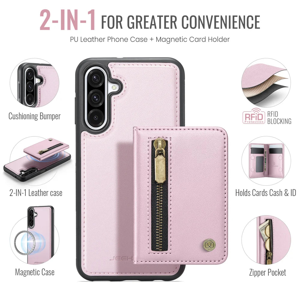 JEEHOOD For Samsung Galaxy A26 5G Case  J12 Magnetic Detachable Zipper Wallet Kickstand Leather Back Cover Magnetic Case - Pink - 2