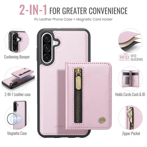 JEEHOOD For Samsung Galaxy A26 5G Case  J12 Magnetic Detachable Zipper Wallet Kickstand Leather Back Cover Magnetic Case - Pink - 2