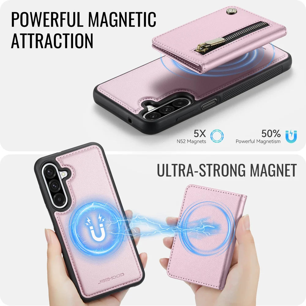 JEEHOOD For Samsung Galaxy A26 5G Case  J12 Magnetic Detachable Zipper Wallet Kickstand Leather Back Cover Magnetic Case - Pink - 3