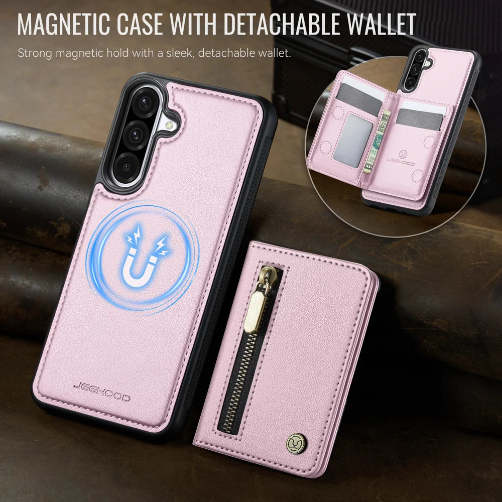 JEEHOOD For Samsung Galaxy A26 5G Case  J12 Magnetic Detachable Zipper Wallet Kickstand Leather Back Cover Magnetic Case - Pink - 4