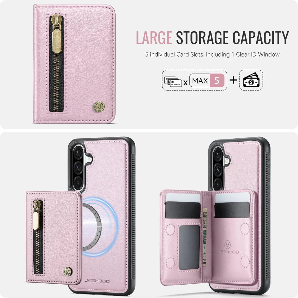 JEEHOOD For Samsung Galaxy A26 5G Case  J12 Magnetic Detachable Zipper Wallet Kickstand Leather Back Cover Magnetic Case - Pink - 5