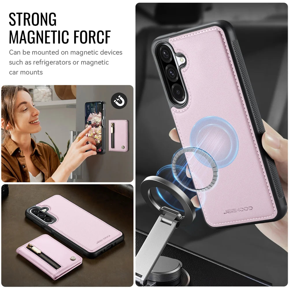 JEEHOOD For Samsung Galaxy A26 5G Case  J12 Magnetic Detachable Zipper Wallet Kickstand Leather Back Cover Magnetic Case - Pink - 6