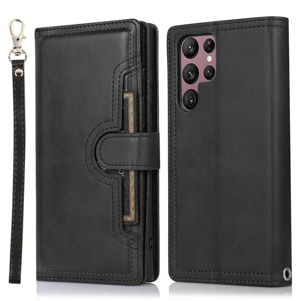 For Samsung Galaxy S23 Ultra Split Leather Multiple Card Slots Phone Case Stand Feature Wallet Flip Magnetic Cover with Hand Strap - Black - 1