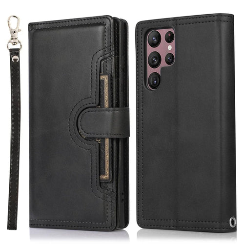 For Samsung Galaxy S23 Ultra Split Leather Multiple Card Slots Phone Case Stand Feature Wallet Flip Magnetic Cover with Hand Strap - Black - 1