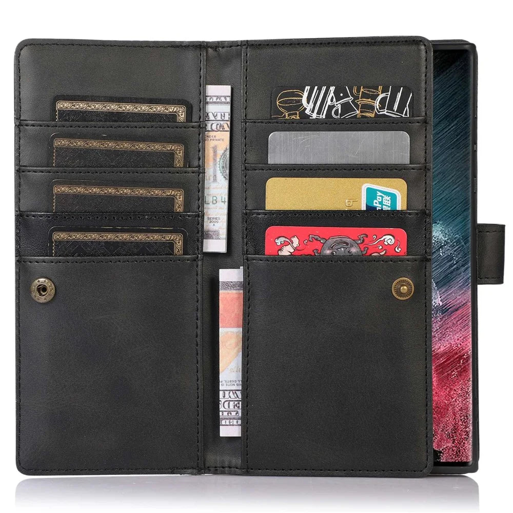 For Samsung Galaxy S23 Ultra Split Leather Multiple Card Slots Phone Case Stand Feature Wallet Flip Magnetic Cover with Hand Strap - Black - 2