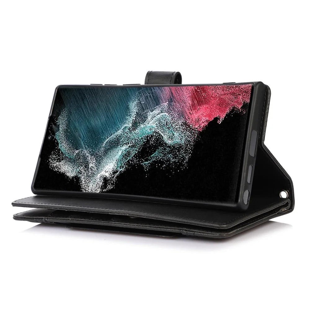 For Samsung Galaxy S23 Ultra Split Leather Multiple Card Slots Phone Case Stand Feature Wallet Flip Magnetic Cover with Hand Strap - Black - 3