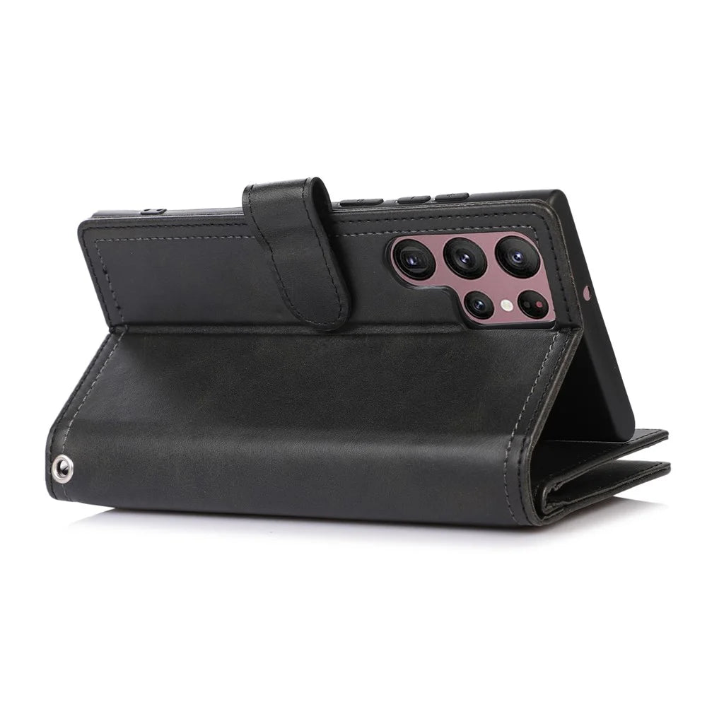 For Samsung Galaxy S23 Ultra Split Leather Multiple Card Slots Phone Case Stand Feature Wallet Flip Magnetic Cover with Hand Strap - Black - 4