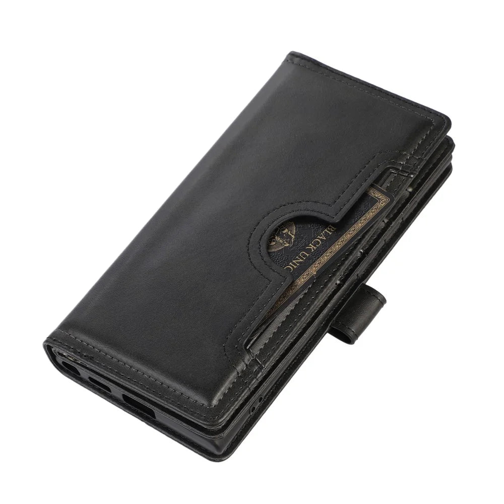 For Samsung Galaxy S23 Ultra Split Leather Multiple Card Slots Phone Case Stand Feature Wallet Flip Magnetic Cover with Hand Strap - Black - 5