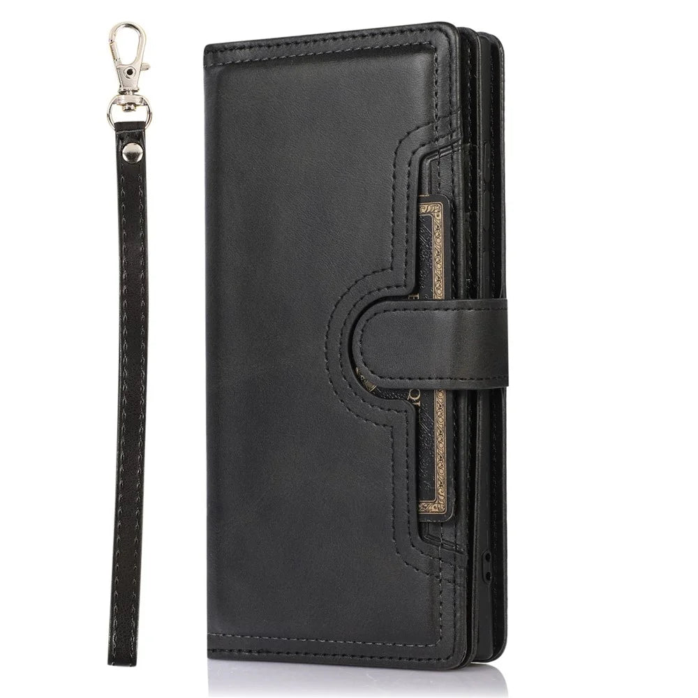 For Samsung Galaxy S23 Ultra Split Leather Multiple Card Slots Phone Case Stand Feature Wallet Flip Magnetic Cover with Hand Strap - Black - 6