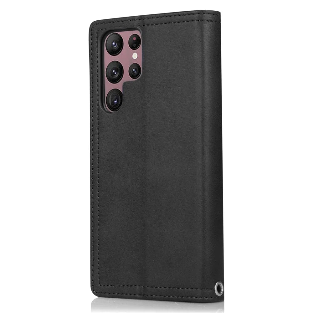For Samsung Galaxy S23 Ultra Split Leather Multiple Card Slots Phone Case Stand Feature Wallet Flip Magnetic Cover with Hand Strap - Black - 7