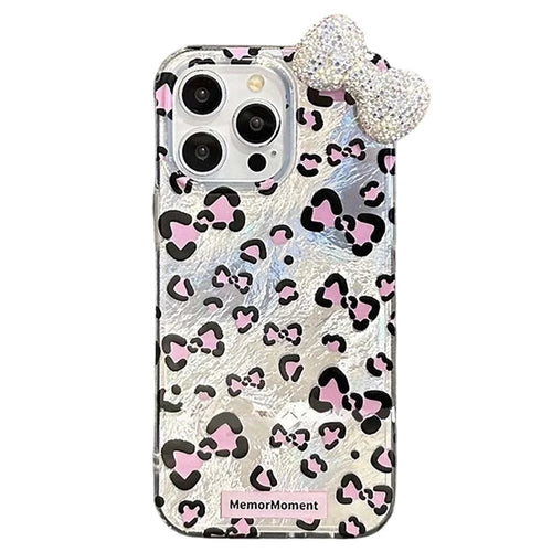 For iPhone 16 Pro Hybrid Case Leopard Bow Pattern TPU PC Phone Cover 3D Rhinestone Bowknot Decor - Silver - 1