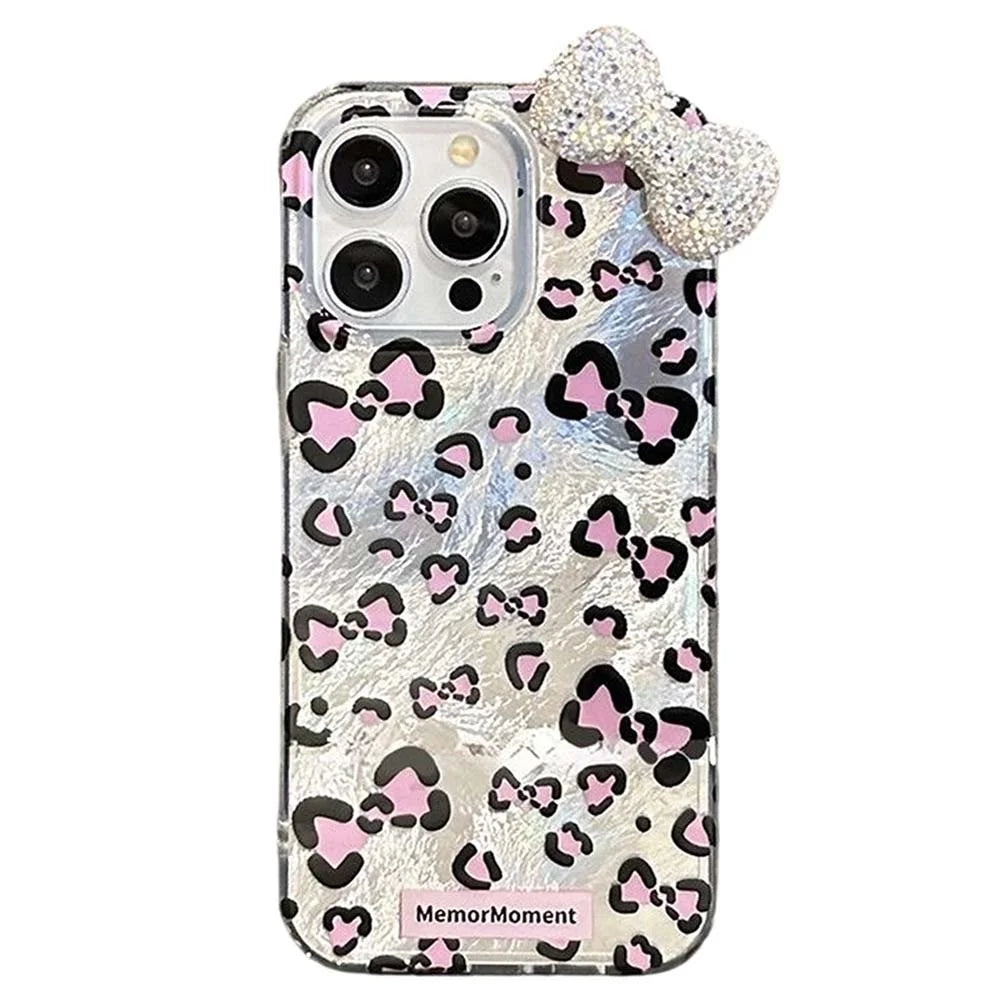 For iPhone 15 Pro Max Hybrid Case Leopard Bow Pattern TPU PC Phone Cover 3D Rhinestone Bowknot Decor - Silver - 1