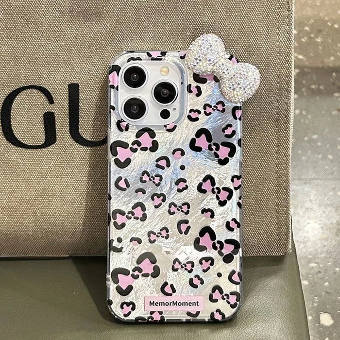 For iPhone 15 Pro Max Hybrid Case Leopard Bow Pattern TPU PC Phone Cover 3D Rhinestone Bowknot Decor - Silver - 5