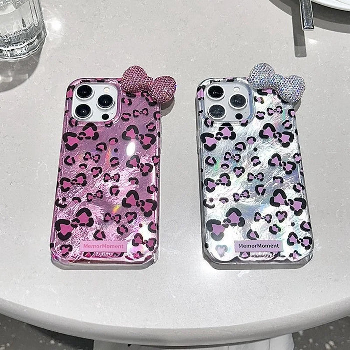 For iPhone 15 Pro Max Hybrid Case Leopard Bow Pattern TPU PC Phone Cover 3D Rhinestone Bowknot Decor - Silver - 6