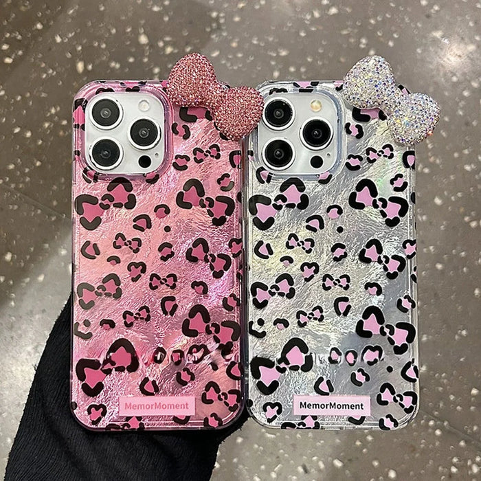 For iPhone 15 Pro Max Hybrid Case Leopard Bow Pattern TPU PC Phone Cover 3D Rhinestone Bowknot Decor - Silver - 7