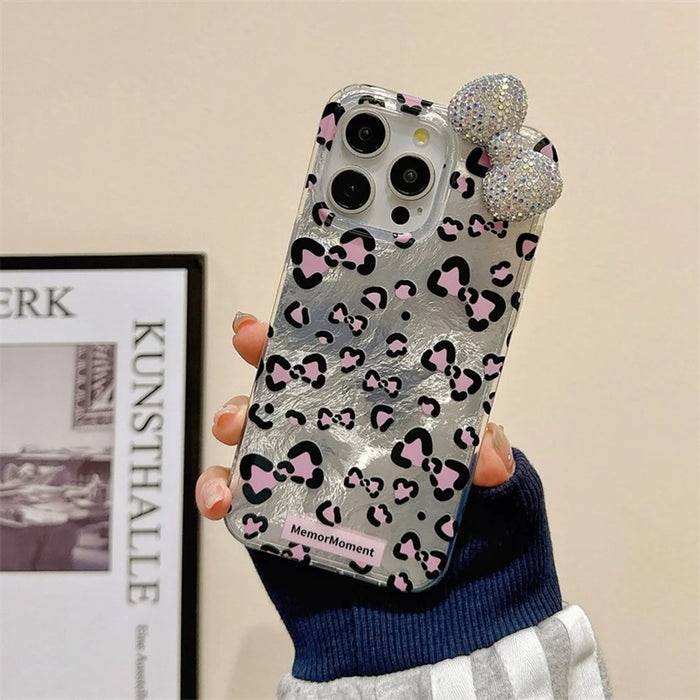 For iPhone 15 Pro Hybrid Case Leopard Bow Pattern TPU PC Phone Cover 3D Rhinestone Bowknot Decor - Silver - 2