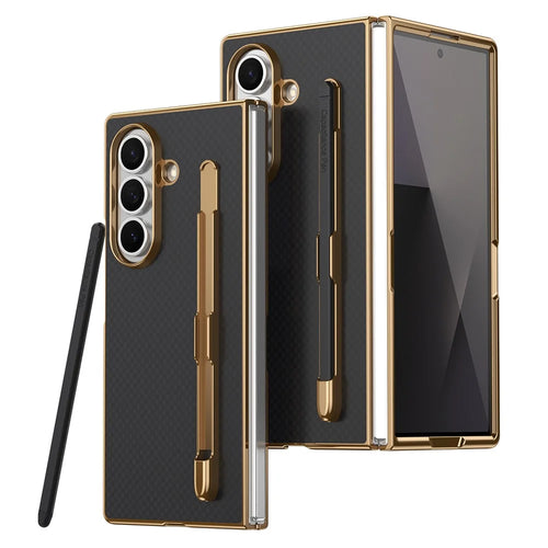 For Samsung Galaxy Z Fold7 5G Case Carbon Fiber Texture Leather PC Electroplating Phone Cover with Screen Film / Stylus - Black - 1