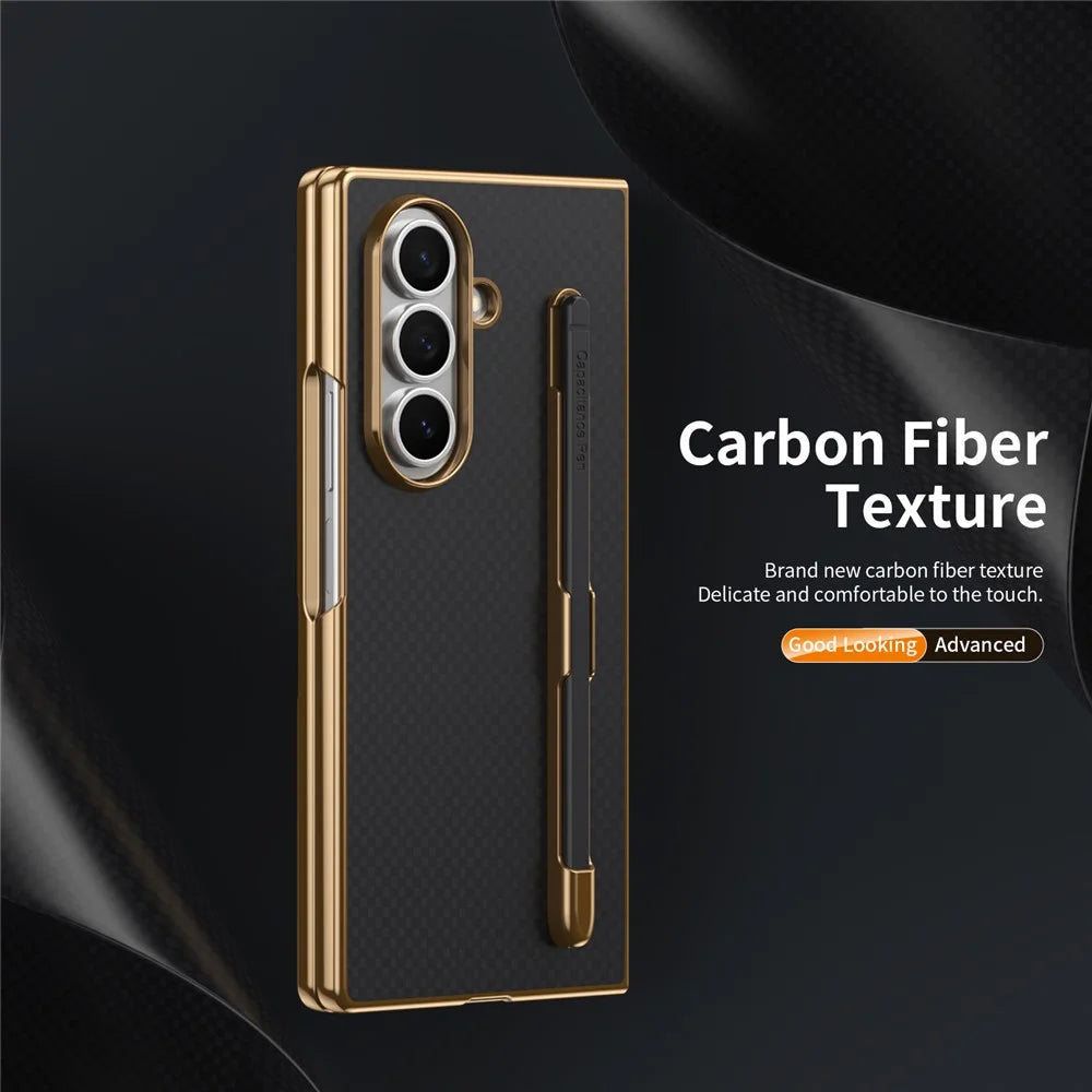 For Samsung Galaxy Z Fold7 5G Case Carbon Fiber Texture Leather PC Electroplating Phone Cover with Screen Film / Stylus - Black - 2