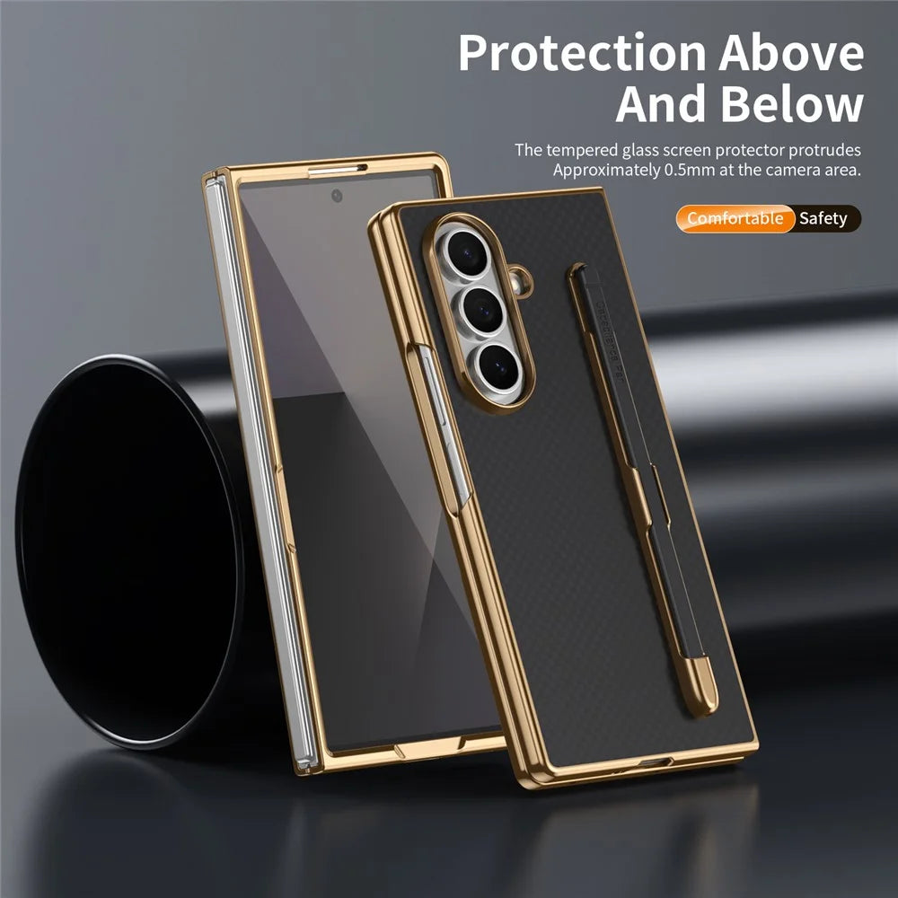 For Samsung Galaxy Z Fold7 5G Case Carbon Fiber Texture Leather PC Electroplating Phone Cover with Screen Film / Stylus - Black - 3