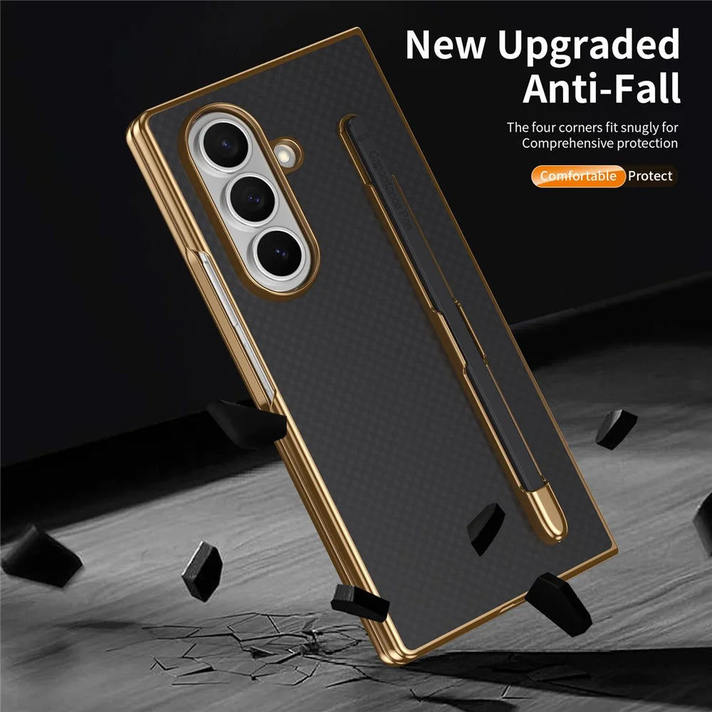 For Samsung Galaxy Z Fold7 5G Case Carbon Fiber Texture Leather PC Electroplating Phone Cover with Screen Film / Stylus - Black - 4