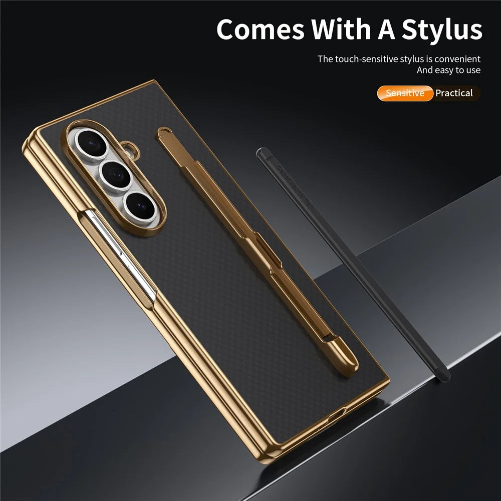 For Samsung Galaxy Z Fold7 5G Case Carbon Fiber Texture Leather PC Electroplating Phone Cover with Screen Film / Stylus - Black - 5