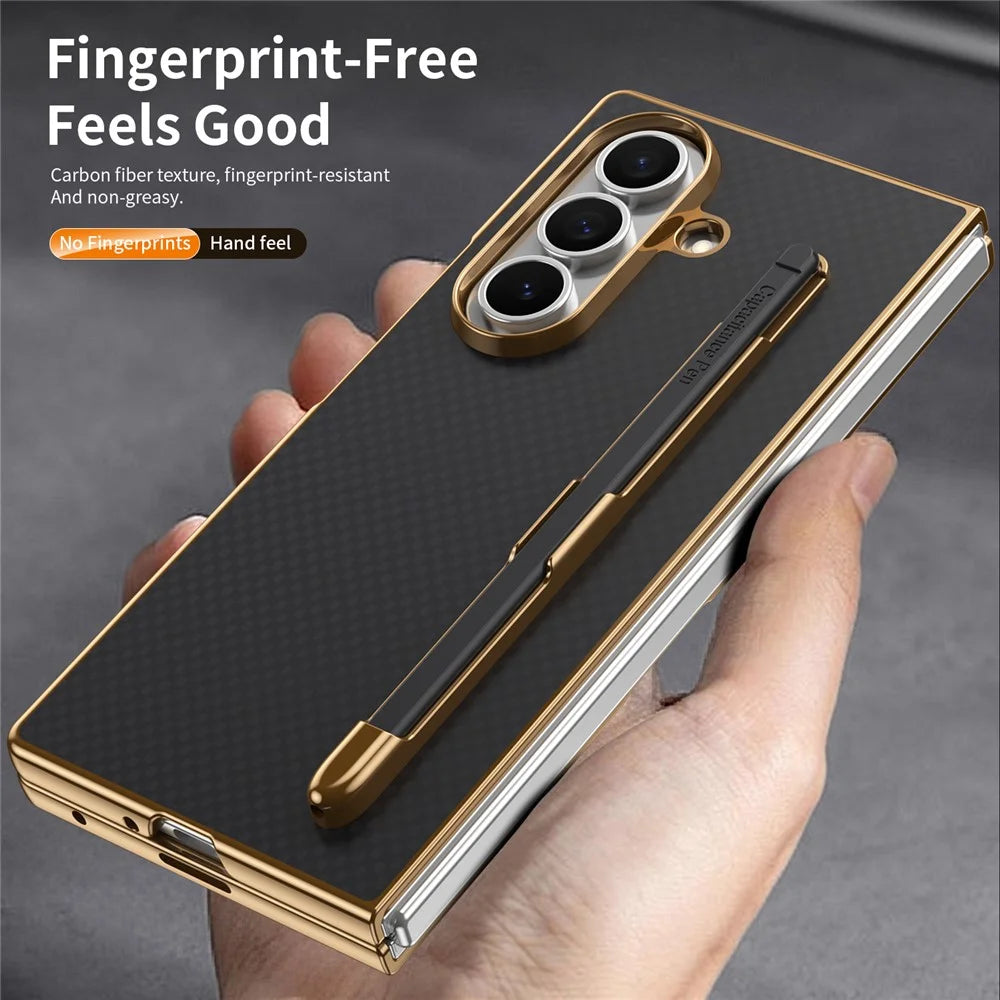 For Samsung Galaxy Z Fold7 5G Case Carbon Fiber Texture Leather PC Electroplating Phone Cover with Screen Film / Stylus - Black - 7