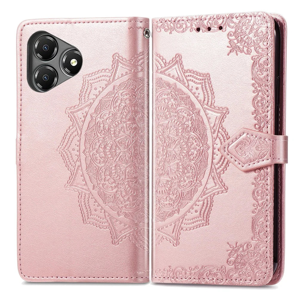For ZTE Blade A36 Case Wallet Mandala Flower Leather Phone Cover Stand View - Rose Gold - 1