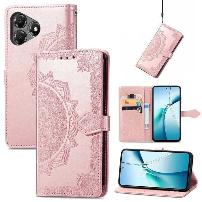 For ZTE Blade A36 Case Wallet Mandala Flower Leather Phone Cover Stand View - Rose Gold - 7