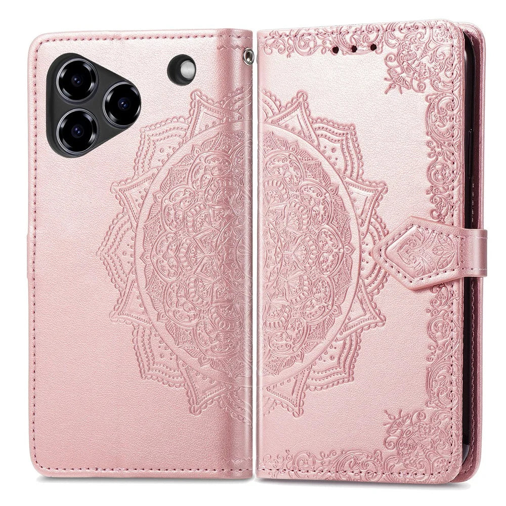 For ZTE Blade A76 4G Case Wallet Mandala Flower Leather Phone Cover Stand View - Rose Gold - 1