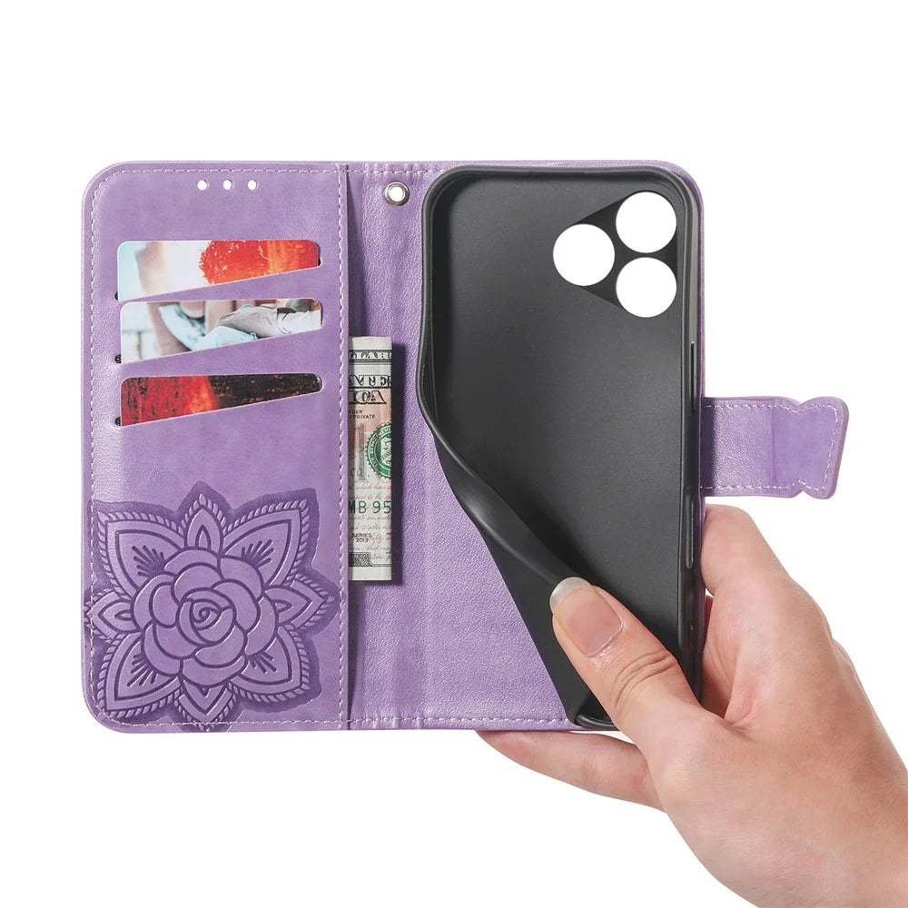 For ZTE Blade A36 Case with Strap Butterfly Pattern PU Leather Wallet Phone Cover - Light Purple - 5