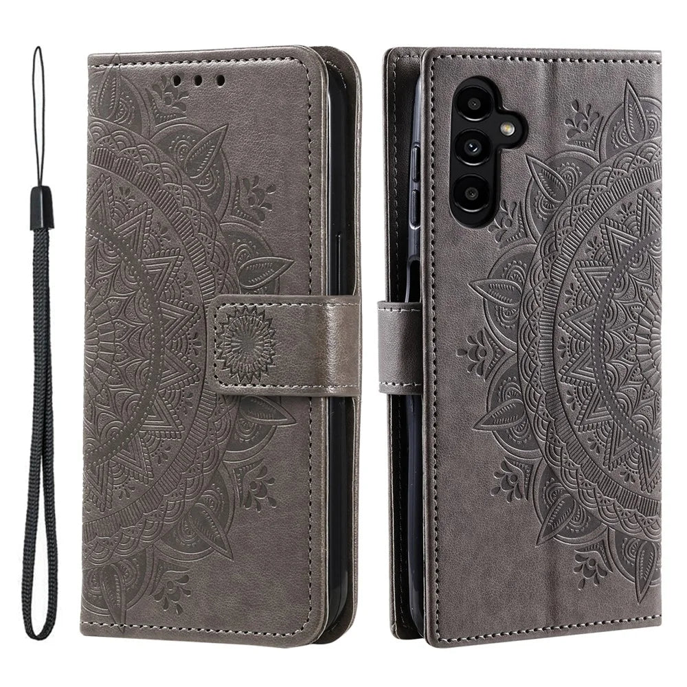 For Samsung Galaxy A27 5G Stand Case Imprinted Totem PU Leather Wallet Phone Cover with Wrist Strap - Grey - 1
