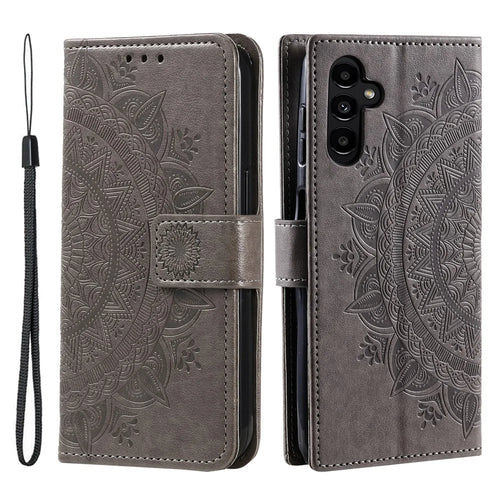 For Samsung Galaxy A27 5G Stand Case Imprinted Totem PU Leather Wallet Phone Cover with Wrist Strap - Grey - 1