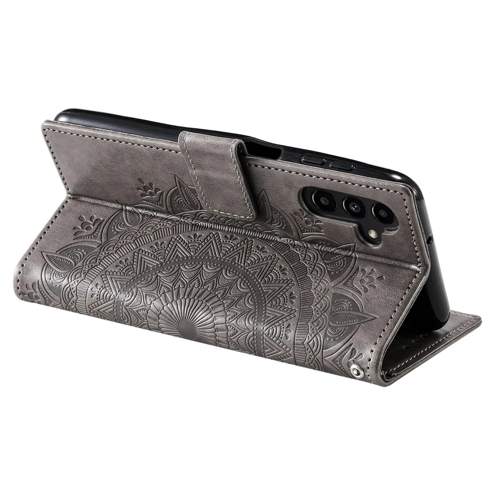 For Samsung Galaxy A27 5G Stand Case Imprinted Totem PU Leather Wallet Phone Cover with Wrist Strap - Grey - 4