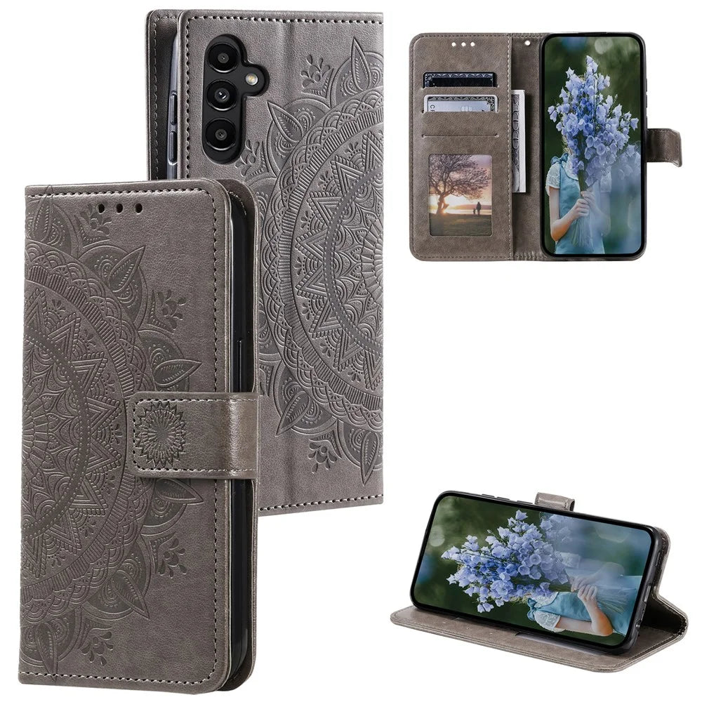 For Samsung Galaxy A27 5G Stand Case Imprinted Totem PU Leather Wallet Phone Cover with Wrist Strap - Grey - 5