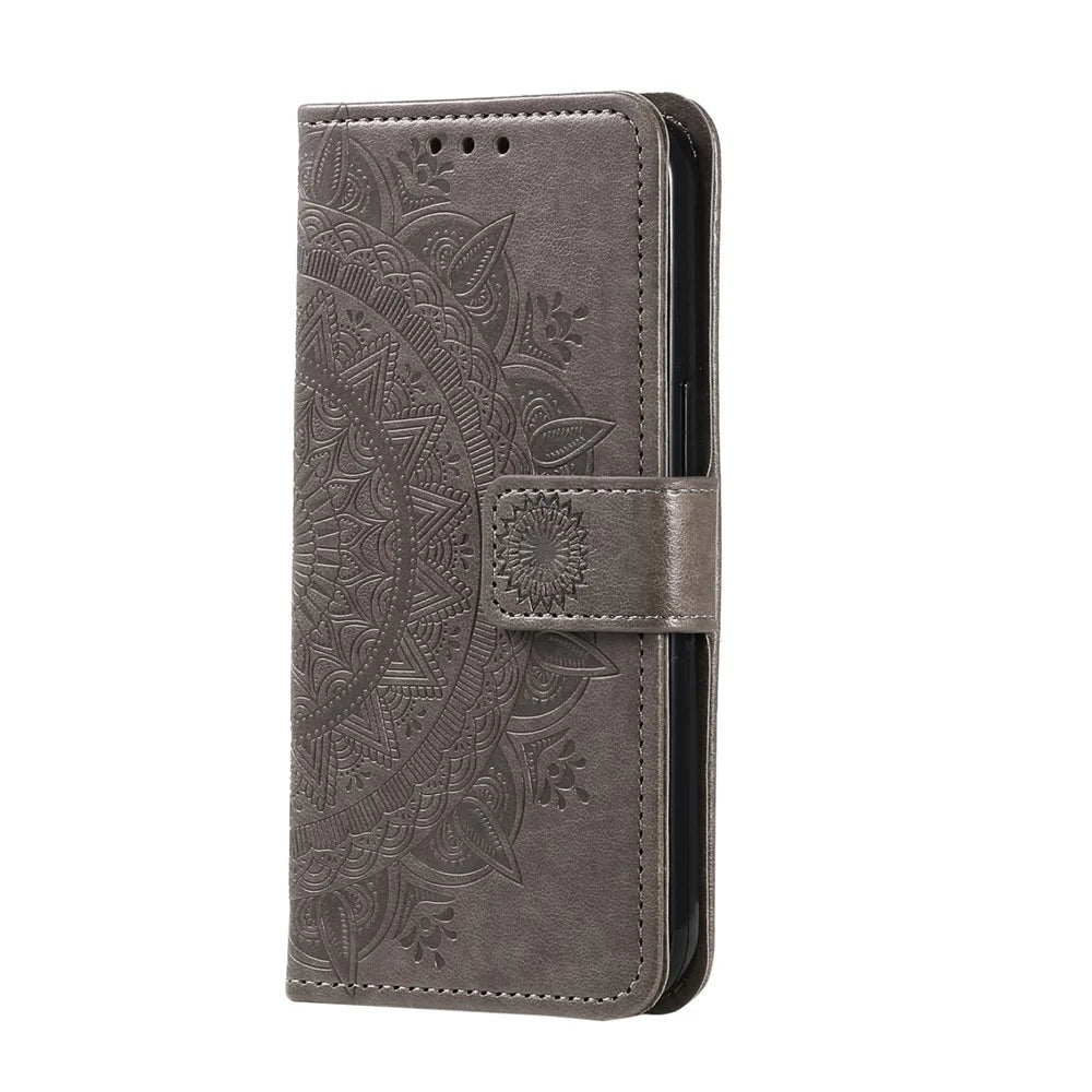 For Samsung Galaxy A27 5G Stand Case Imprinted Totem PU Leather Wallet Phone Cover with Wrist Strap - Grey - 6