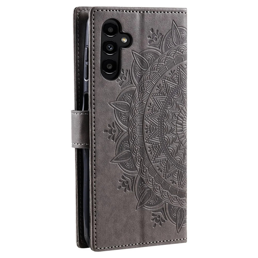 For Samsung Galaxy A27 5G Stand Case Imprinted Totem PU Leather Wallet Phone Cover with Wrist Strap - Grey - 7