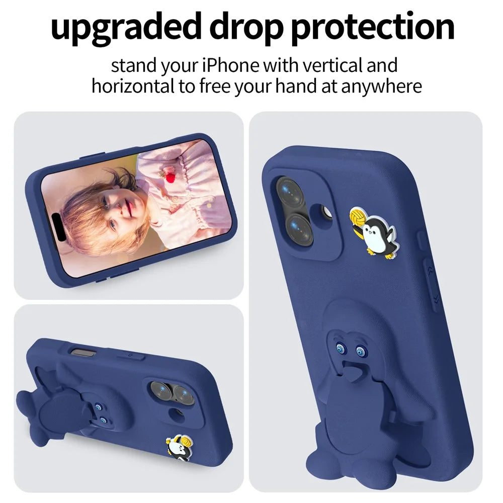 For iPhone 17 Case Penguin Design Kickstand Shockproof EVA Phone Cover - Navy Blue - 4