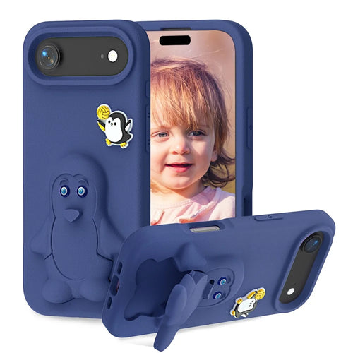 For iPhone Air Case Penguin Design Kickstand Shockproof EVA Phone Cover - Navy Blue - 1