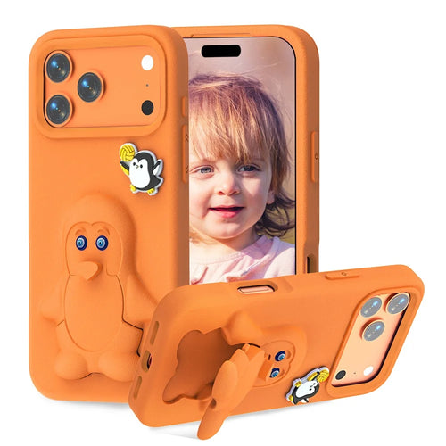 For iPhone 18 Pro / 17 Pro Case Penguin Design Kickstand Shockproof EVA Phone Cover - Orange - 1
